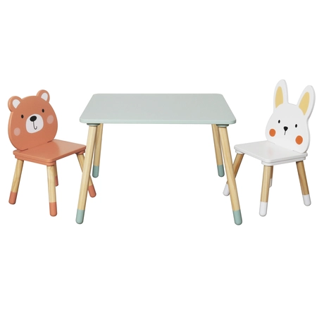 Детска Дървена Маса с 2 Столчета GINGER HOME – Мече и Зайче, Комплект за Игра и Учене