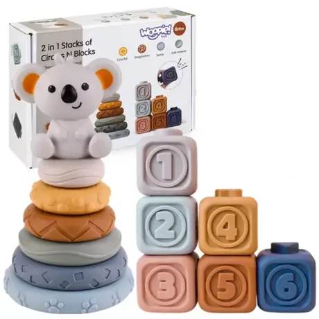Бебешки комплект от сензорни играчки Коала Jolly – пирамида с рингове и меки кубчета за бебе