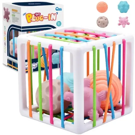 Сензорно кубче с ластици и топки Jolly – бебешка играчка за сортиране и развитие