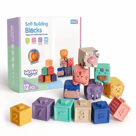 Сензорни меки кубчета с животни Jolly Toy – бебешки кубчета за игра, учене и сетивно развитие