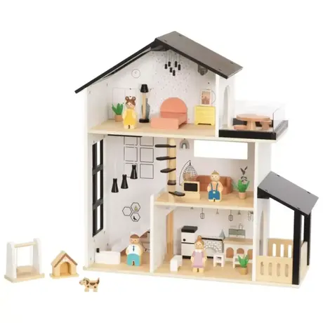 Дървена къща за кукли с мебели и семейство Tooky Toy – модерна куклена къща 31 части