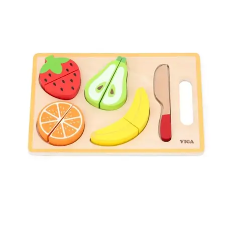 Дървен Монтесори пъзел с плодове за рязане Viga Toys – образователна игра с ножче