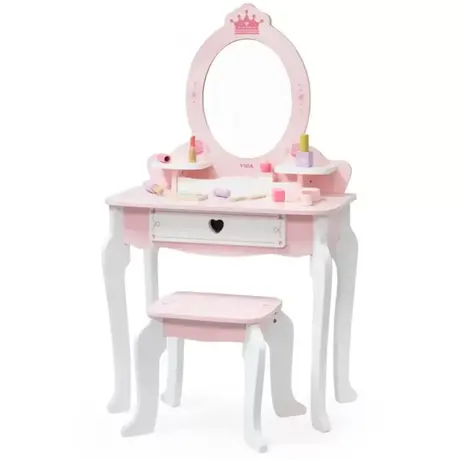 Дървена тоалетка за принцеси с табуретка VIGA Toys – детска гримьорна с огледало и аксесоари