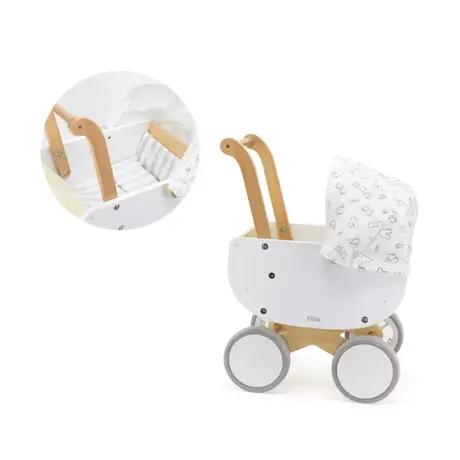 Дървена количка за кукли бяла VIGA Toys - за бутане и ролева игра