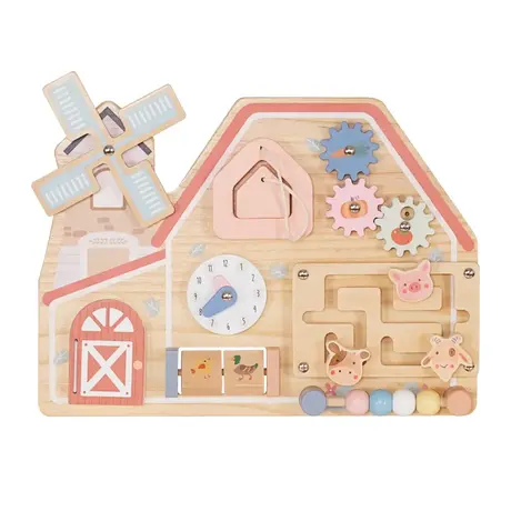 Дървена Монтесори Активна Дъска GINGER HOME, Ферма с Мелница, Лабиринт, Часовник и Зъбни Колела, 33x24x5 см
