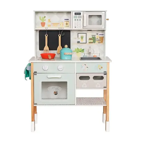 Детска Дървена Кухня GINGER HOME с Електронен Котлон, Микровълнова, Фурна, Мивка и Аксесоари, Масивно Дърво и MDF, 60x26.5x91 см