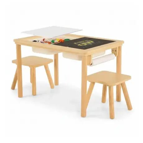 Детска Дървена Масичка за Активна Игра с 2 Столчета GINGER HOME 5 в 1, Дъска за Рисуване, Ролка Хартия и Кутии за Съхранение, 73x50x53.6 см