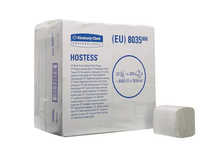 Kimberly-Clark HOSTESS 8035, тоалетна хартия на пачки, двупластова, 250 къса