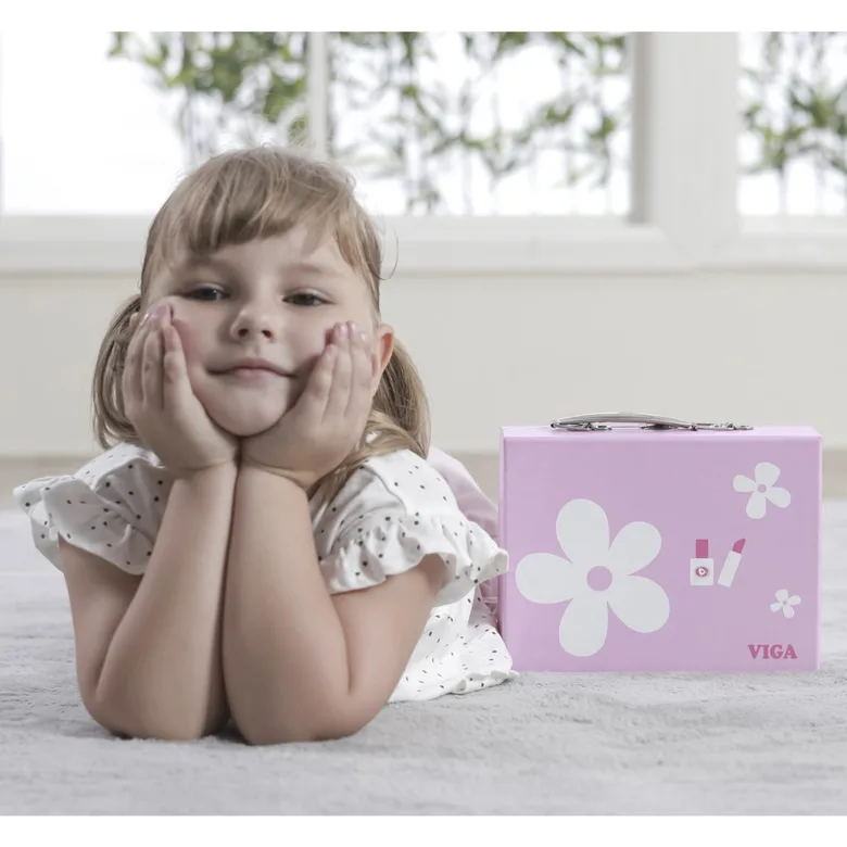 Детски козметичен комплект за разкрасяване Viga Toys – дървен комплект за грим и ролеви игри