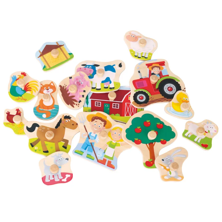 Дървен пъзел Голямата ферма – New Classic Toys образователен пъзел с дръжки за деца