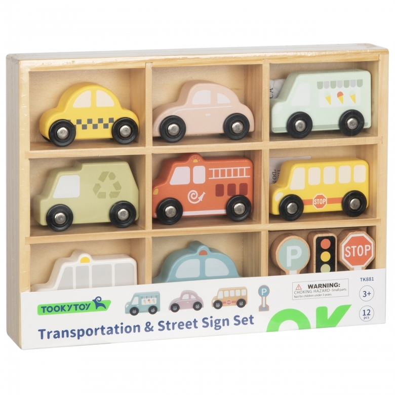 Комплект автомобили с пътни знаци Tooky Toy