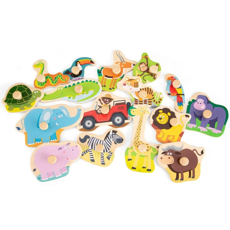New classic toys дървен пъзел Сафари с дръжки
