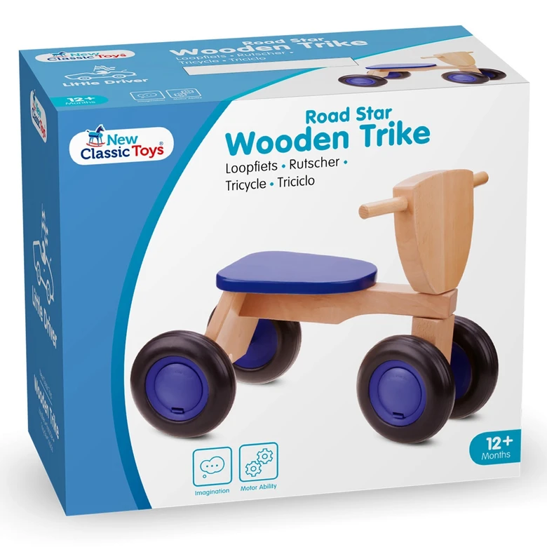 Дървено колело за бутане в синьо от New classic toys