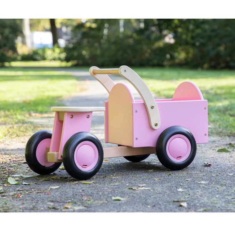 Дървено колело за бутане с кош в розово от New classic toys