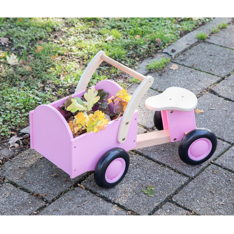 Дървено колело за бутане с кош в розово от New classic toys