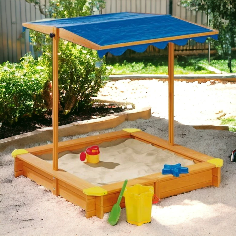 Детски пясъчник GINGER HOME, с регулируемeм, водоустойчив сенник-покривало anti-UV 30, дървен, 112х112 см