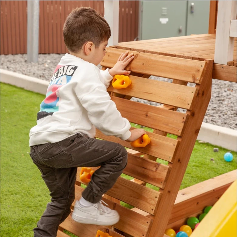 Голяма Детска Къща Ginger Home с Пясъчник и Пързалка, за Игра на Открито в Двора и Градината, Дървена, 258х271.5х291 см.