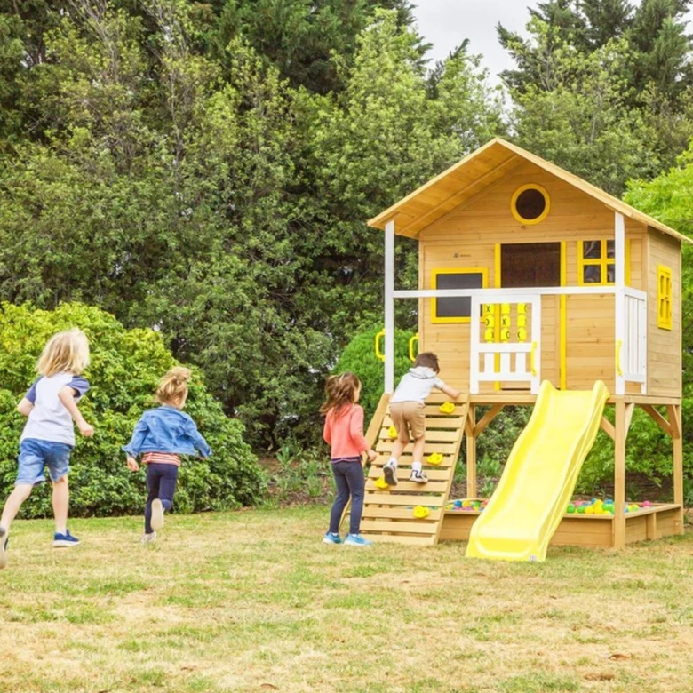 Голяма Детска Къща Ginger Home с Пясъчник и Пързалка, за Игра на Открито в Двора и Градината, Дървена, 258х271.5х291 см.