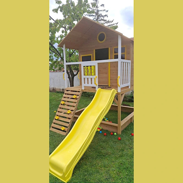 Голяма Детска Къща Ginger Home с Пясъчник и Пързалка, за Игра на Открито в Двора и Градината, Дървена, 258х271.5х291 см.
