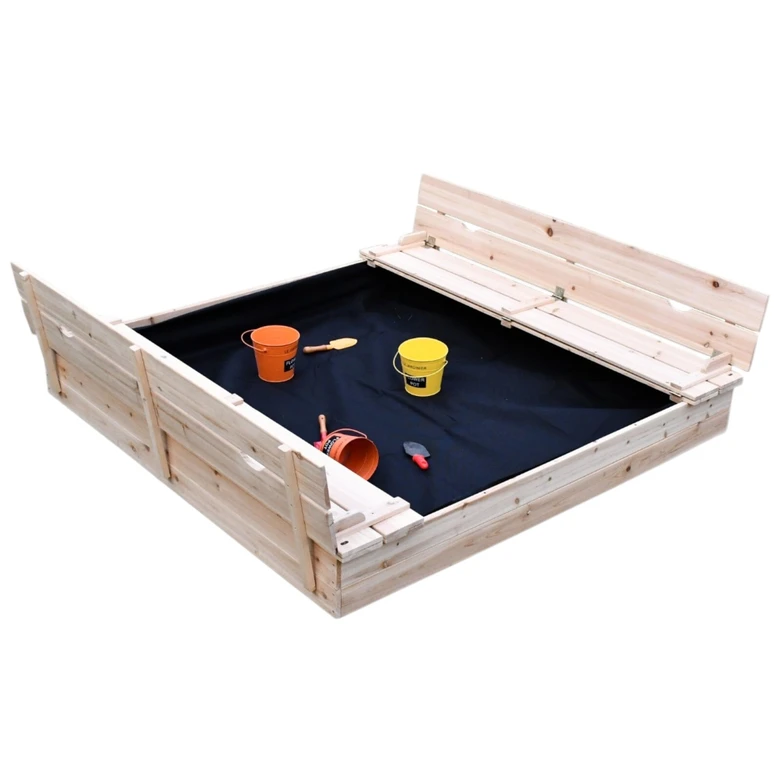 Голям Детски Пясъчник с Пейки и Сгъваем Капак Ginger Home 157x157x21см, Дървен