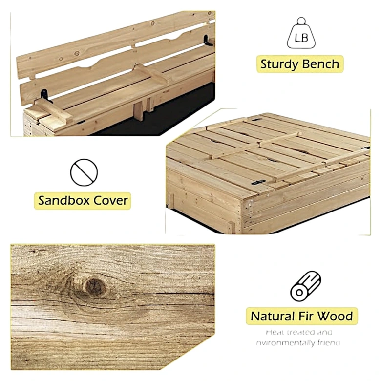 Голям Детски Пясъчник с Пейки и Сгъваем Капак Ginger Home 157x157x21см, Дървен