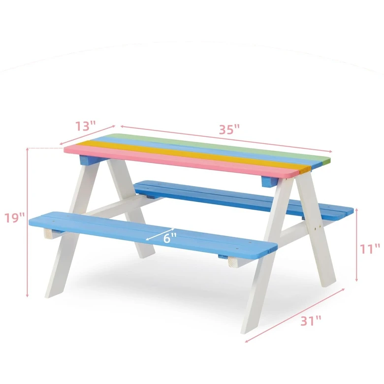 Детска Маса за Пикник с Пейки Ginger Home, Градинска, Дървена, Игри на Открито, RAINBOW, 89х79х50 см.