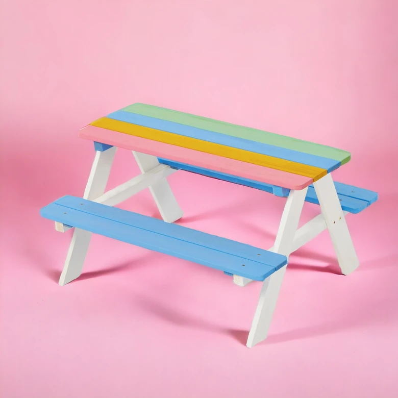 Детска Маса за Пикник с Пейки Ginger Home, Градинска, Дървена, Игри на Открито, RAINBOW, 89х79х50 см.