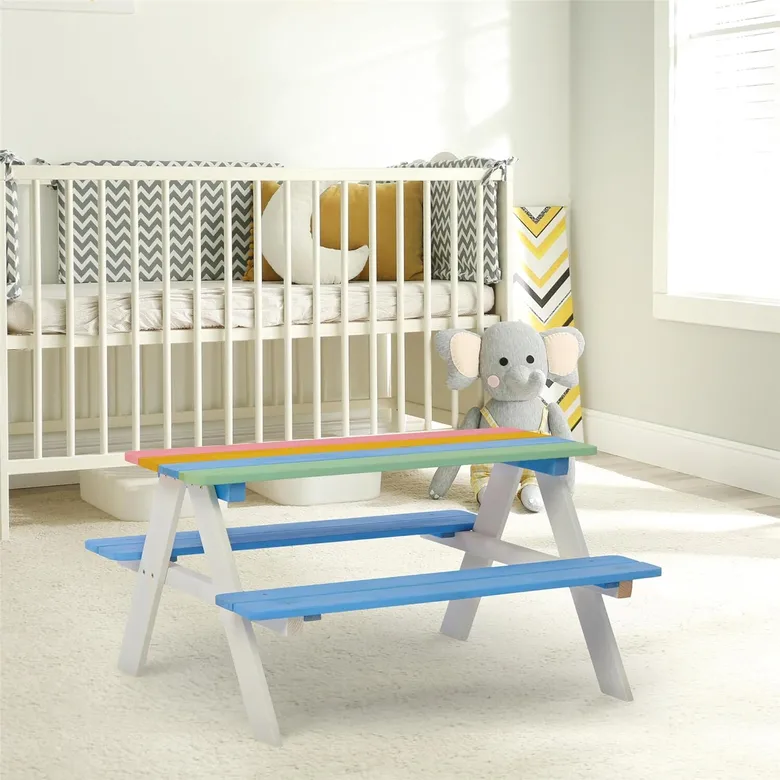 Детска Маса за Пикник с Пейки Ginger Home, Градинска, Дървена, Игри на Открито, RAINBOW, 89х79х50 см.