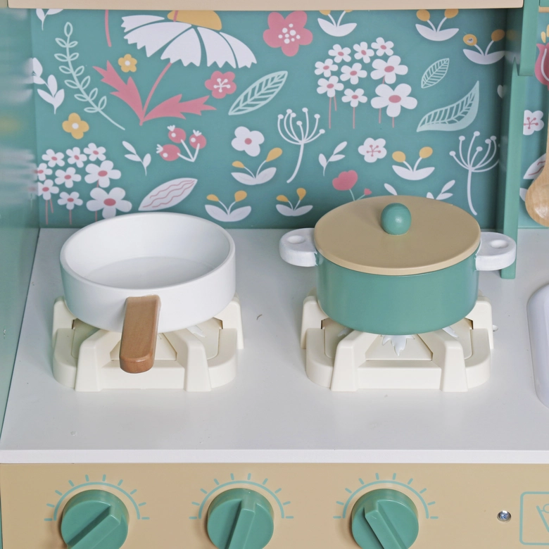 Детска Дървена Кухня Ginger Home – Винтидж Стил с Електронни Котлони, Светлини, Звуци и Функционални Аксесоари, 91x31x90 см