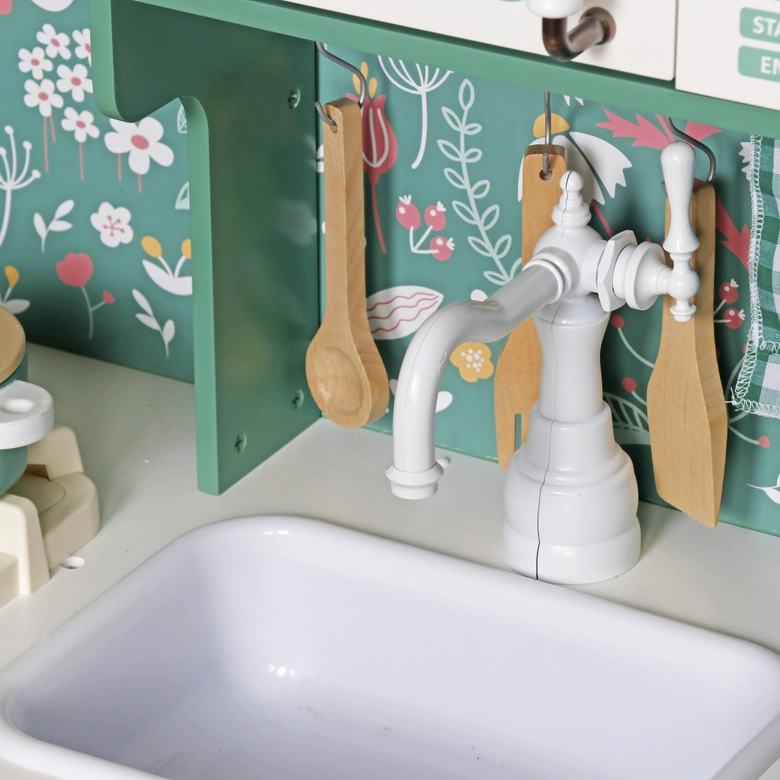 Детска Дървена Кухня Ginger Home – Винтидж Стил с Електронни Котлони, Светлини, Звуци и Функционални Аксесоари, 91x31x90 см