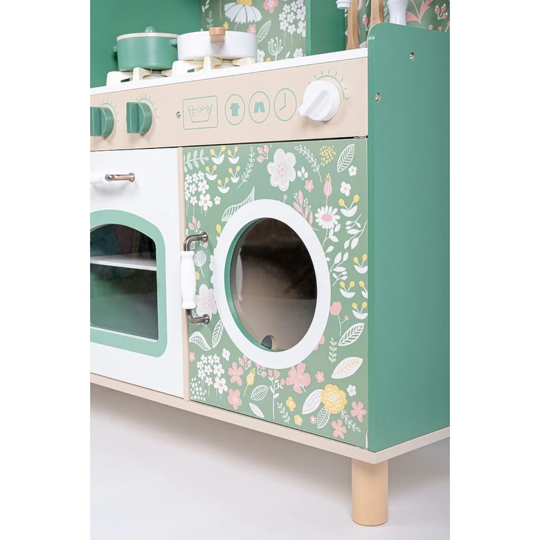 Детска Дървена Кухня Ginger Home – Винтидж Стил с Електронни Котлони, Светлини, Звуци и Функционални Аксесоари, 91x31x90 см