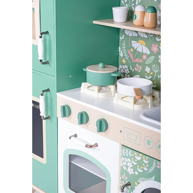 Детска Дървена Кухня Ginger Home – Винтидж Стил с Електронни Котлони, Светлини, Звуци и Функционални Аксесоари, 91x31x90 см