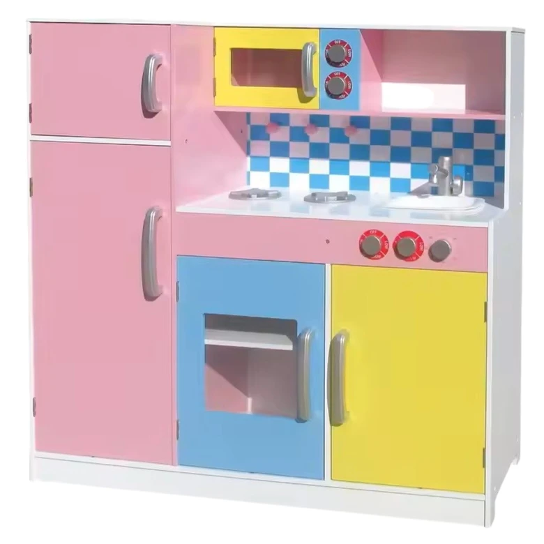 Детска Кухня Ginger Home, Дървена Играчка за Ролеви Игри с Цветен Дизайн, Размери 90x30x90 см
