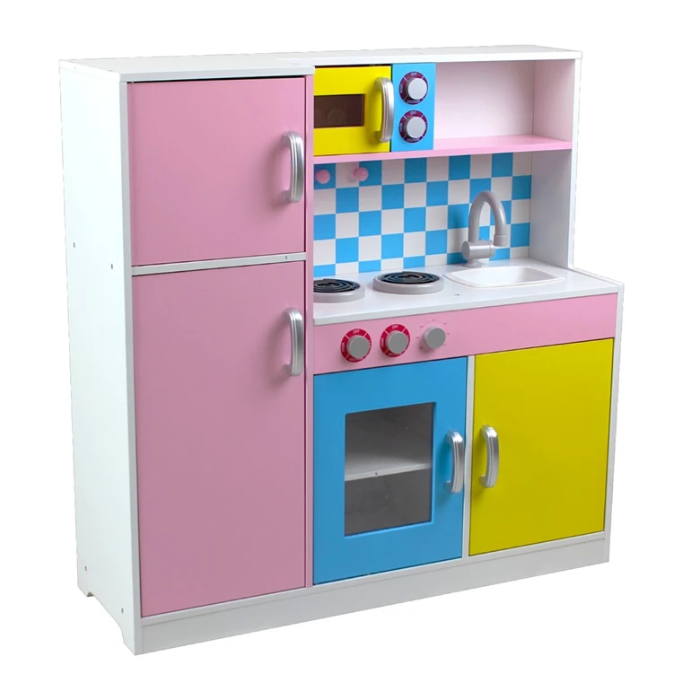 Детска Кухня Ginger Home, Дървена Играчка за Ролеви Игри с Цветен Дизайн, Размери 90x30x90 см