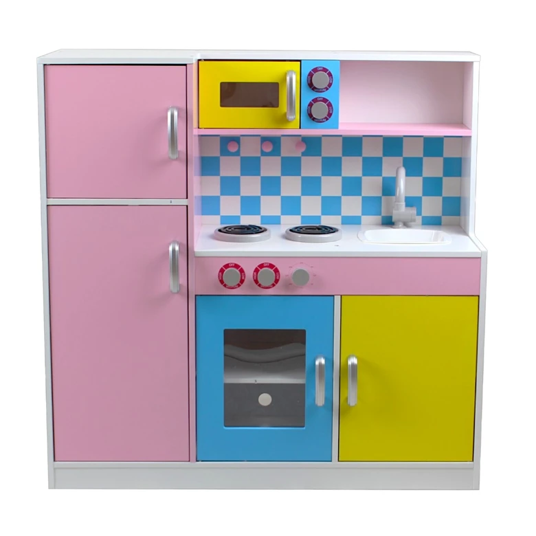 Детска Кухня Ginger Home, Дървена Играчка за Ролеви Игри с Цветен Дизайн, Размери 90x30x90 см