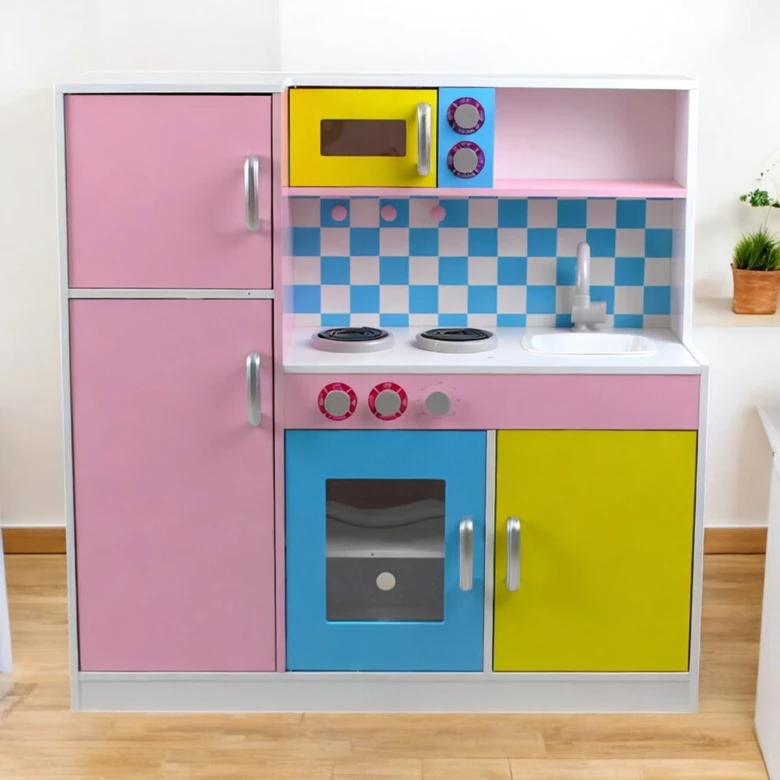 Детска Кухня Ginger Home, Дървена Играчка за Ролеви Игри с Цветен Дизайн, Размери 90x30x90 см