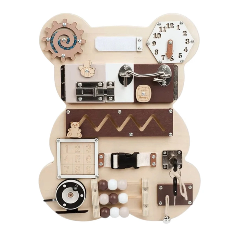 Дървен Бизи Борд Мече Ginger Home, Монтесори Дъска за Фина Моторика, 30x39 см