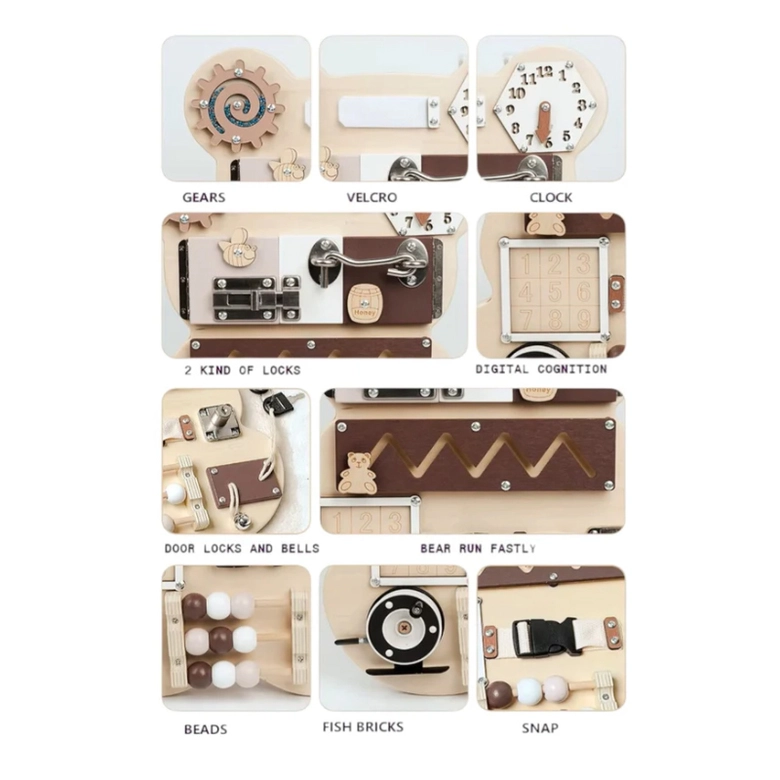 Дървен Бизи Борд Мече Ginger Home, Монтесори Дъска за Фина Моторика, 30x39 см