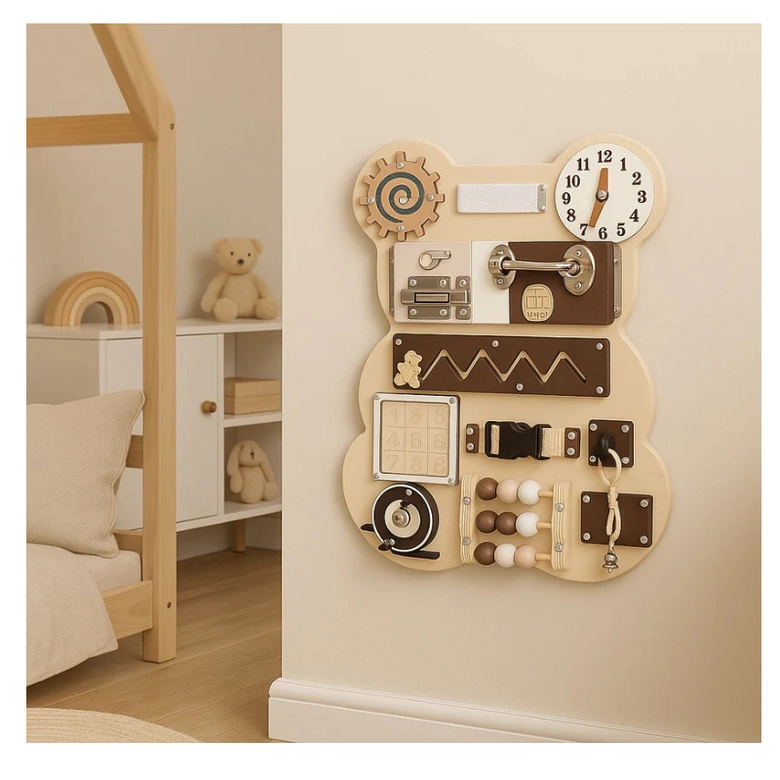 Дървен Бизи Борд Мече Ginger Home, Монтесори Дъска за Фина Моторика, 30x39 см
