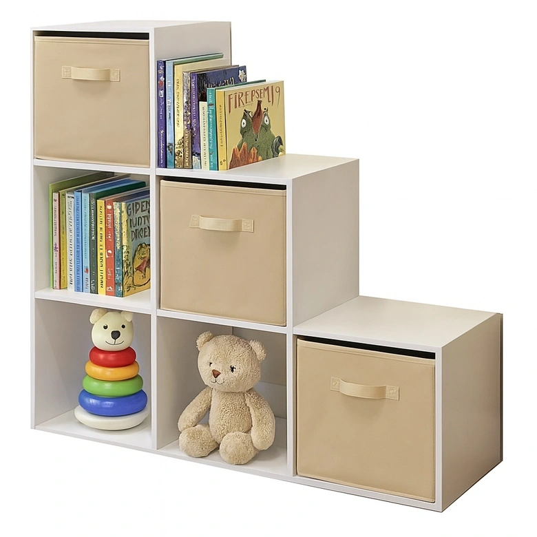 Детска Етажерка, Органайзер за Играчки, GINGER HOME с 6 Отделения и Текстилни Кутии, Бяла, Монтесори Мебел