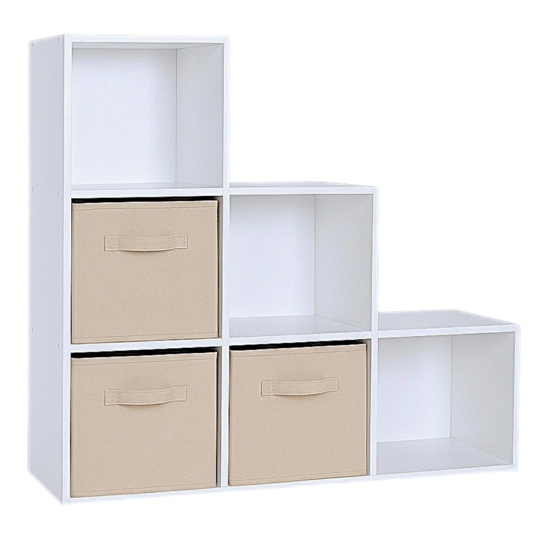 Детска Етажерка, Органайзер за Играчки, GINGER HOME с 6 Отделения и Текстилни Кутии, Бяла, Монтесори Мебел