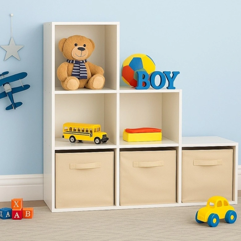Детска Етажерка, Органайзер за Играчки, GINGER HOME с 6 Отделения и Текстилни Кутии, Бяла, Монтесори Мебел