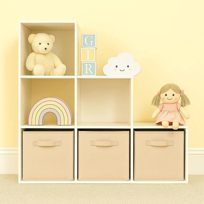 Детска Етажерка, Органайзер за Играчки, GINGER HOME с 6 Отделения и Текстилни Кутии, Бяла, Монтесори Мебел
