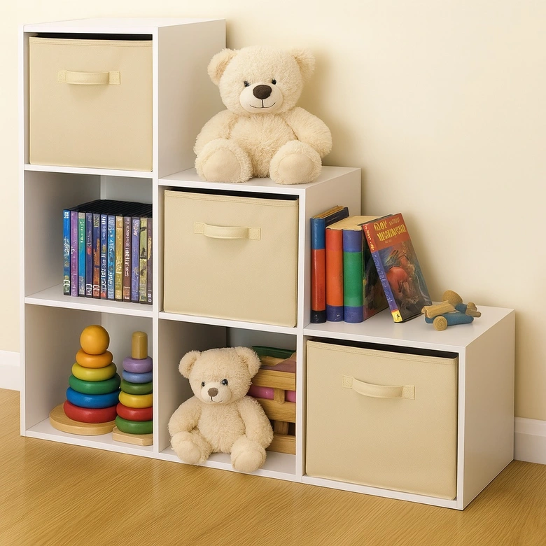 Детска Етажерка, Органайзер за Играчки, GINGER HOME с 6 Отделения и Текстилни Кутии, Бяла, Монтесори Мебел