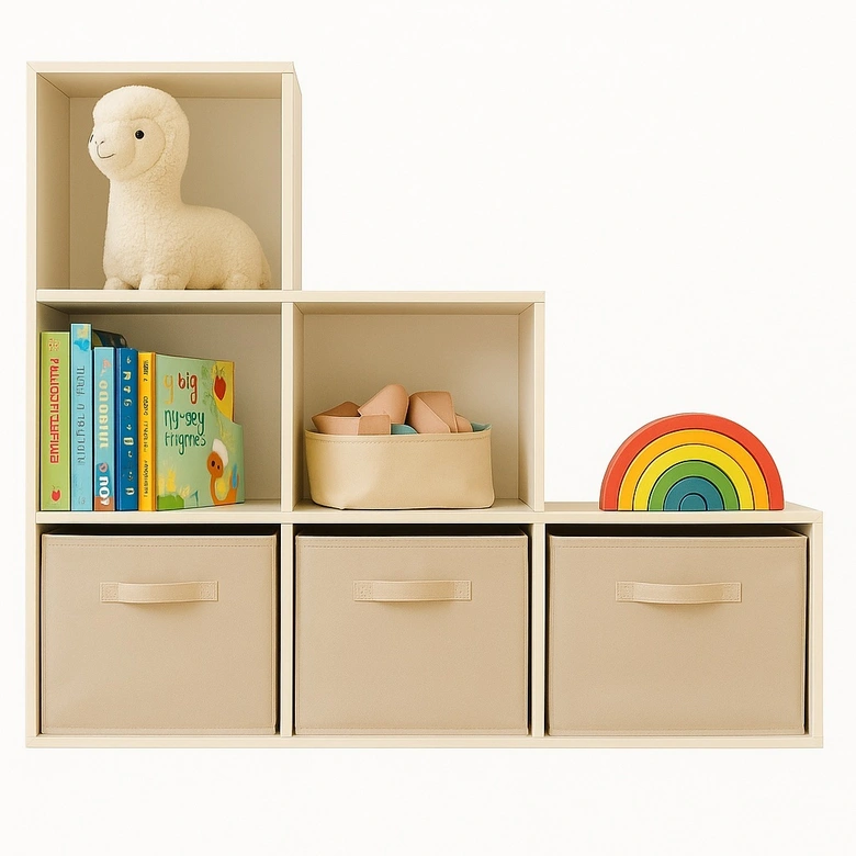 Детска Етажерка, Органайзер за Играчки, GINGER HOME с 6 Отделения и Текстилни Кутии, Бяла, Монтесори Мебел