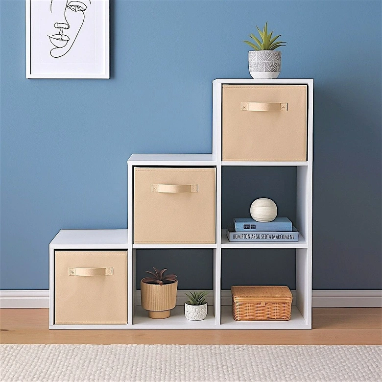 Детска Етажерка, Органайзер за Играчки, GINGER HOME с 6 Отделения и Текстилни Кутии, Бяла, Монтесори Мебел