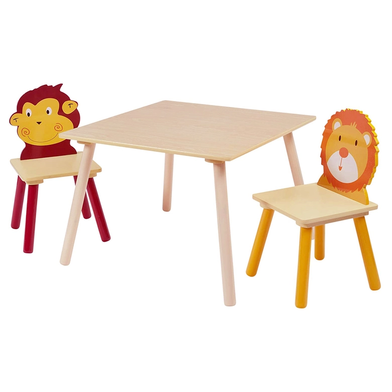Детски комплект дървена маса с 2 стола за момчета и момичета - ЖИВОТНИ, Ginger Home