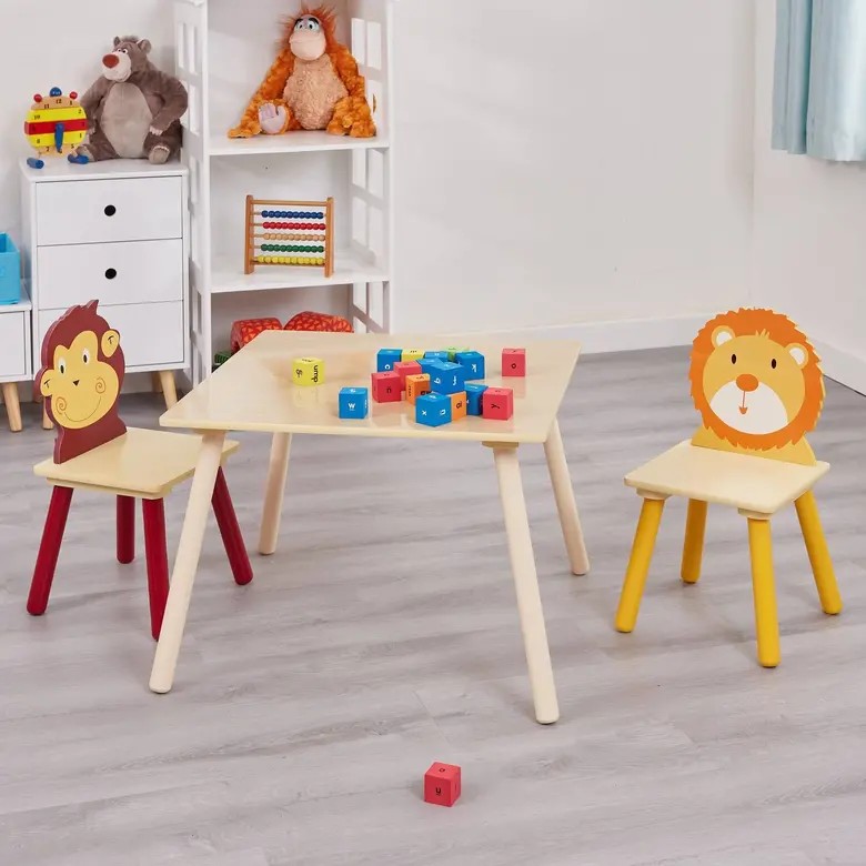 Детски комплект дървена маса с 2 стола за момчета и момичета - ЖИВОТНИ, Ginger Home