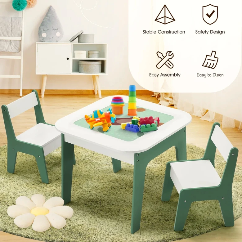 Детска Масичка със Столчета 4 в 1 GINGER HOME, 2 Плота, Черна дъска и Плот за Редене на Конструктори тип LEGO, Forest, Ginger Home