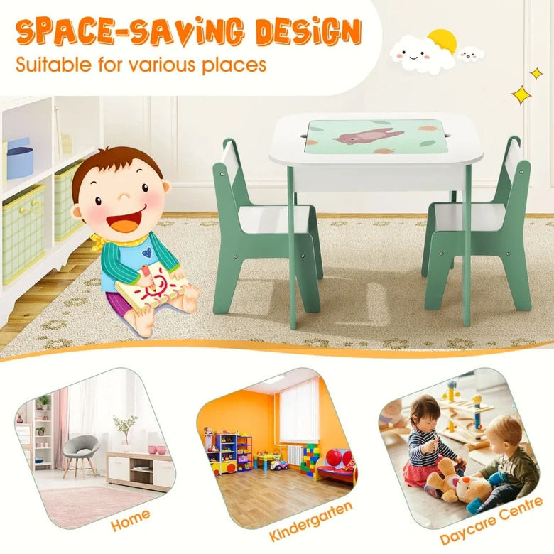 Детска Масичка със Столчета 4 в 1 GINGER HOME, 2 Плота, Черна дъска и Плот за Редене на Конструктори тип LEGO, Forest, Ginger Home